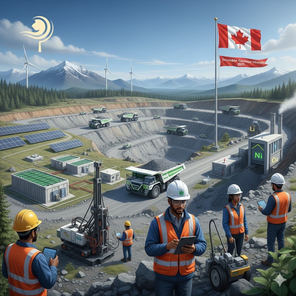 “Sustainable mining operations in Canada for critical minerals, with the Canadian flag prominently displayed.” “Sustainable mining operations in Canada for critical minerals, with the Canadian flag prominently displayed.”